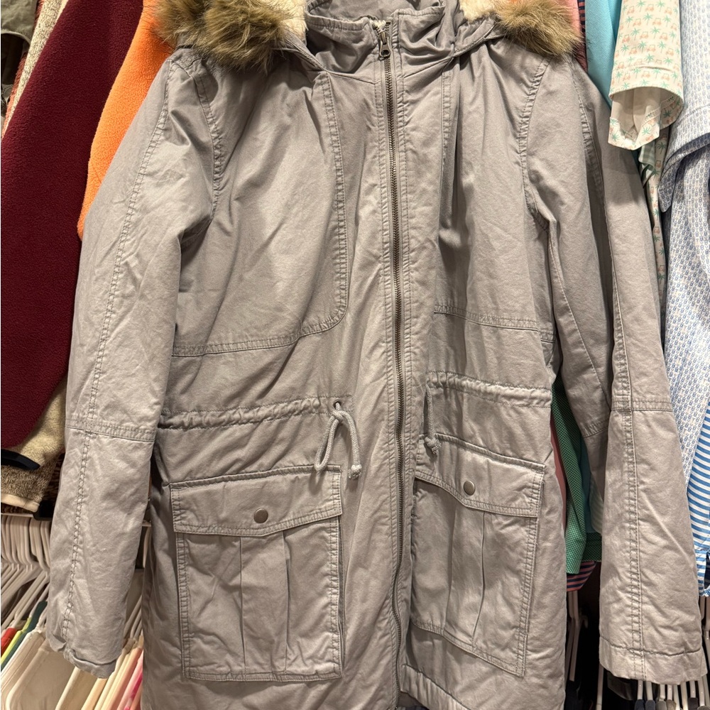 GAP Gray Hooded Jacket with Faux Fur Trim